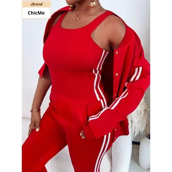 ChicMe Red 3 Piece Tracksuit Set Bomber Jacket Tank Top Joggers Stripes Size XL - Picture 5 of 11